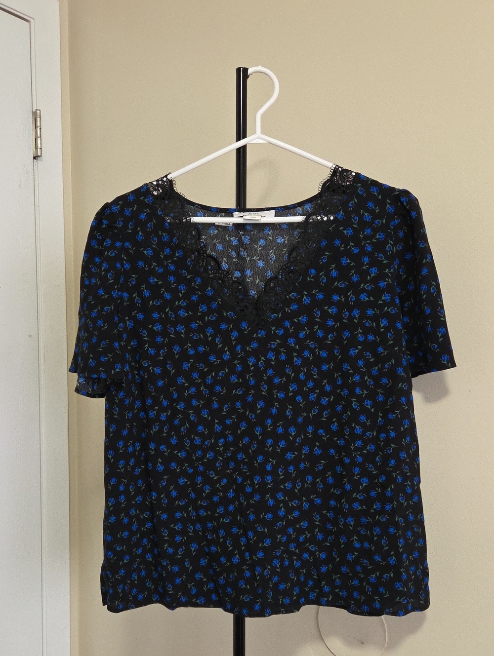 & ET Floral Lace-Trim Black Blouse with Blue Floral Print